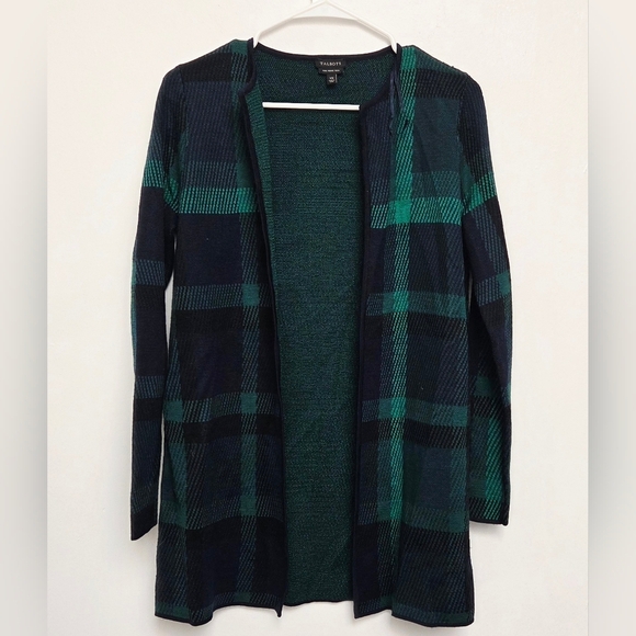 Talbots Women's Checkered 100% Merino Wool Sz XS Cardigan Dark Green and Navy - Picture 1 of 11